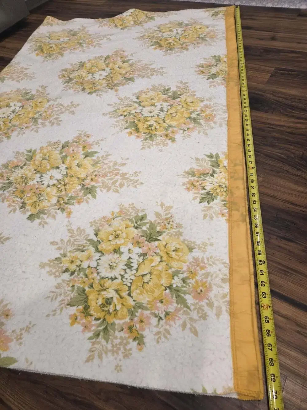 2 Vtg Floral Thermal Blankets Yellow Satin Trim 89x70 Twin Handmade 70s Groovy